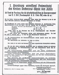 Zarządzenie o wysiedleniu Żydów (m. in. z Mszczonowa) wydane w 1941 roku przez okupacyjnego starostę sochaczewskiego. Arch...